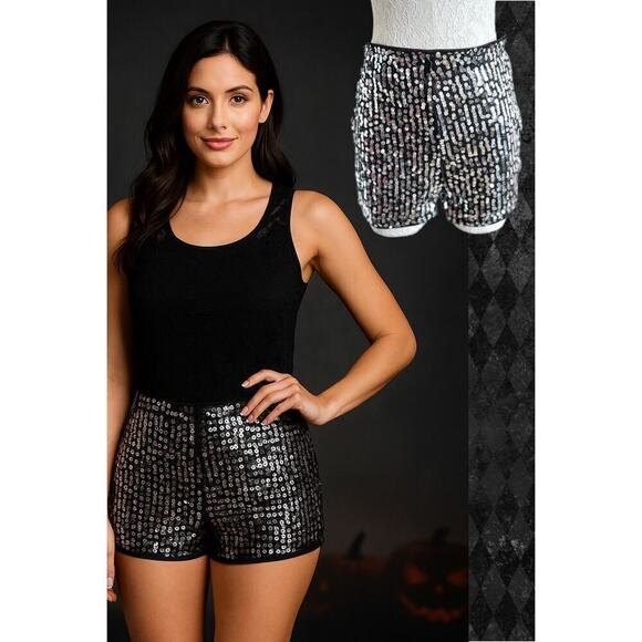 Shein Pants - Sequin Black Silver Party Shorts Large Holiday Maximalist Dopamime